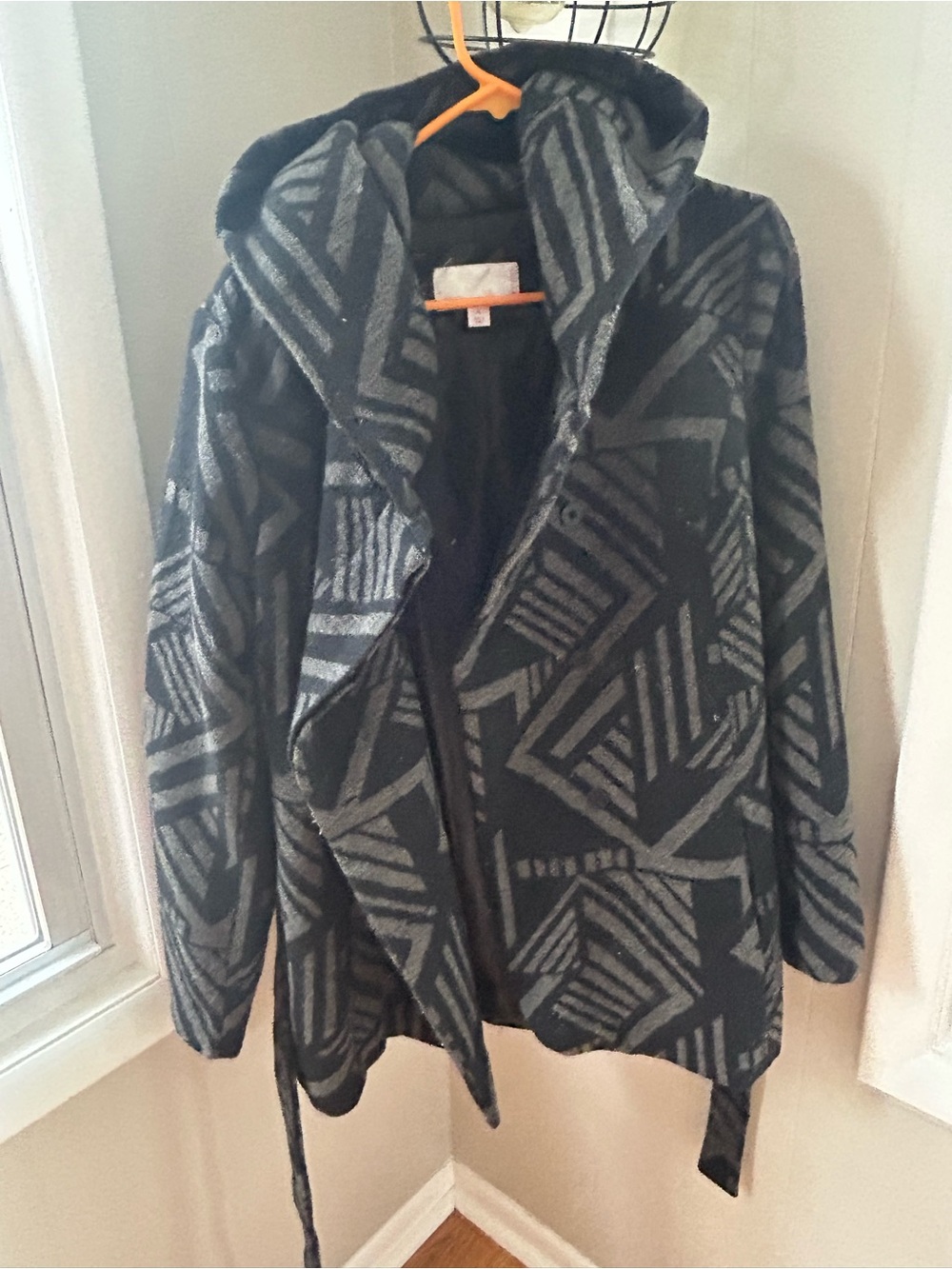 Xhilaration Black & Gray Hooded Geometric Trench Coat
